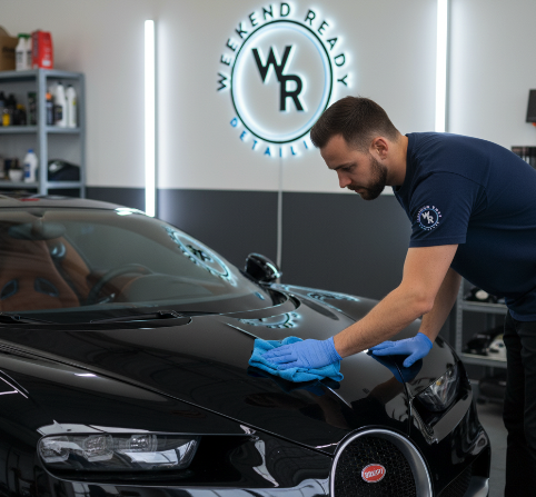 Professional car detailing shop with technician working on a vehicle